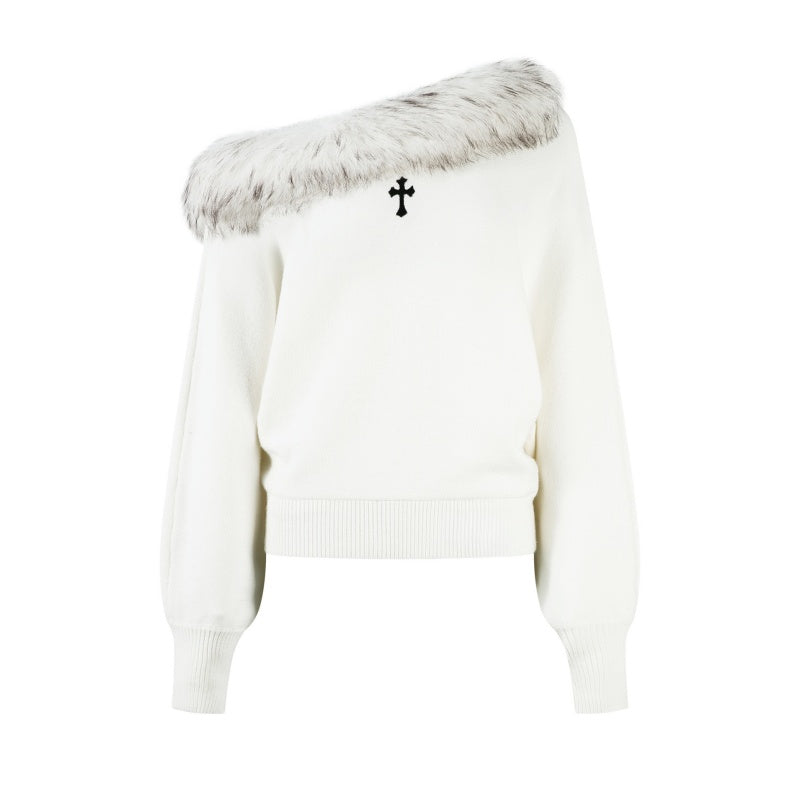 Off-The-Shoulder Sweater With Fur Collar