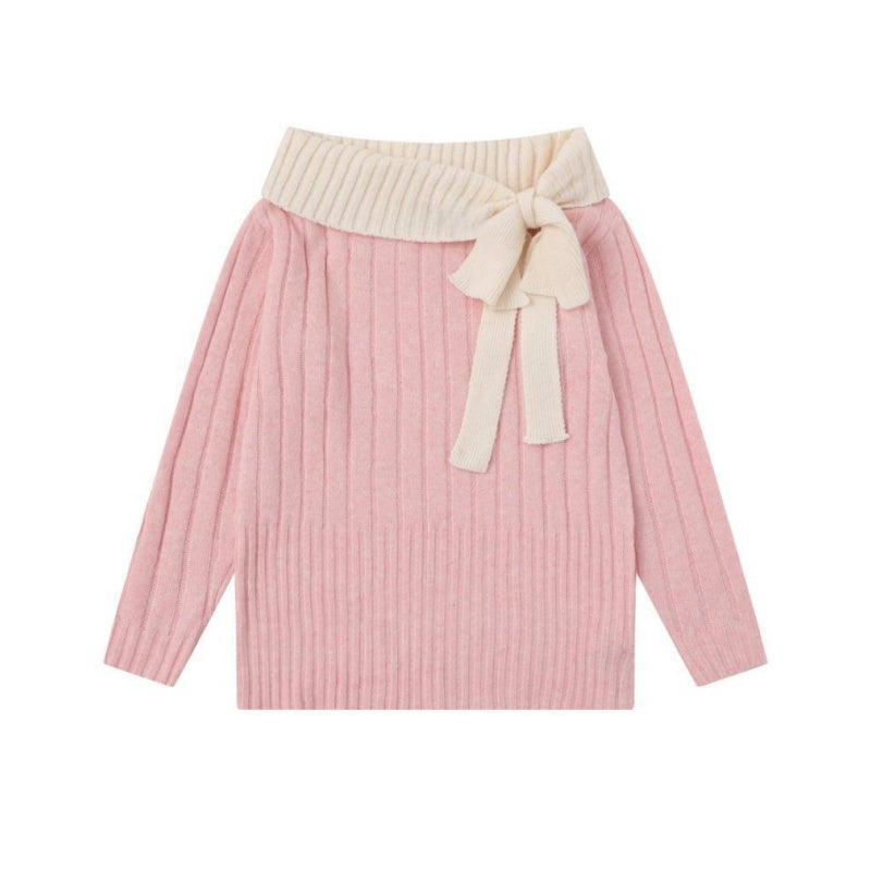 Bow Tie Off-Shoulder Color-Blocked Sweater