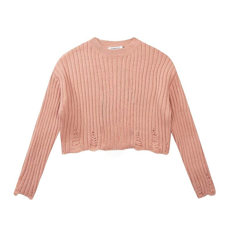 Short-Length Sweater with Open-Knit Design