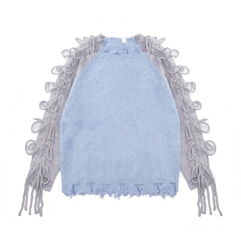 Bow-Trimmed Tassel Ripped Sweater